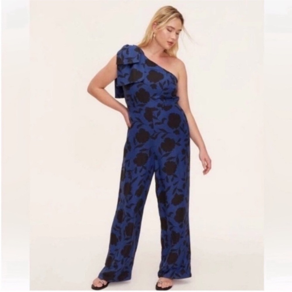 One-Shoulder Blue & Black Floral Jumpsuit